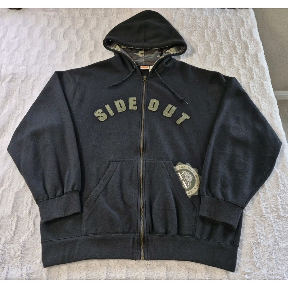 Vintage Sideout Hoodie Men's XL Black/Camo Green Full Zip Sweatshirt Y2K Grunge